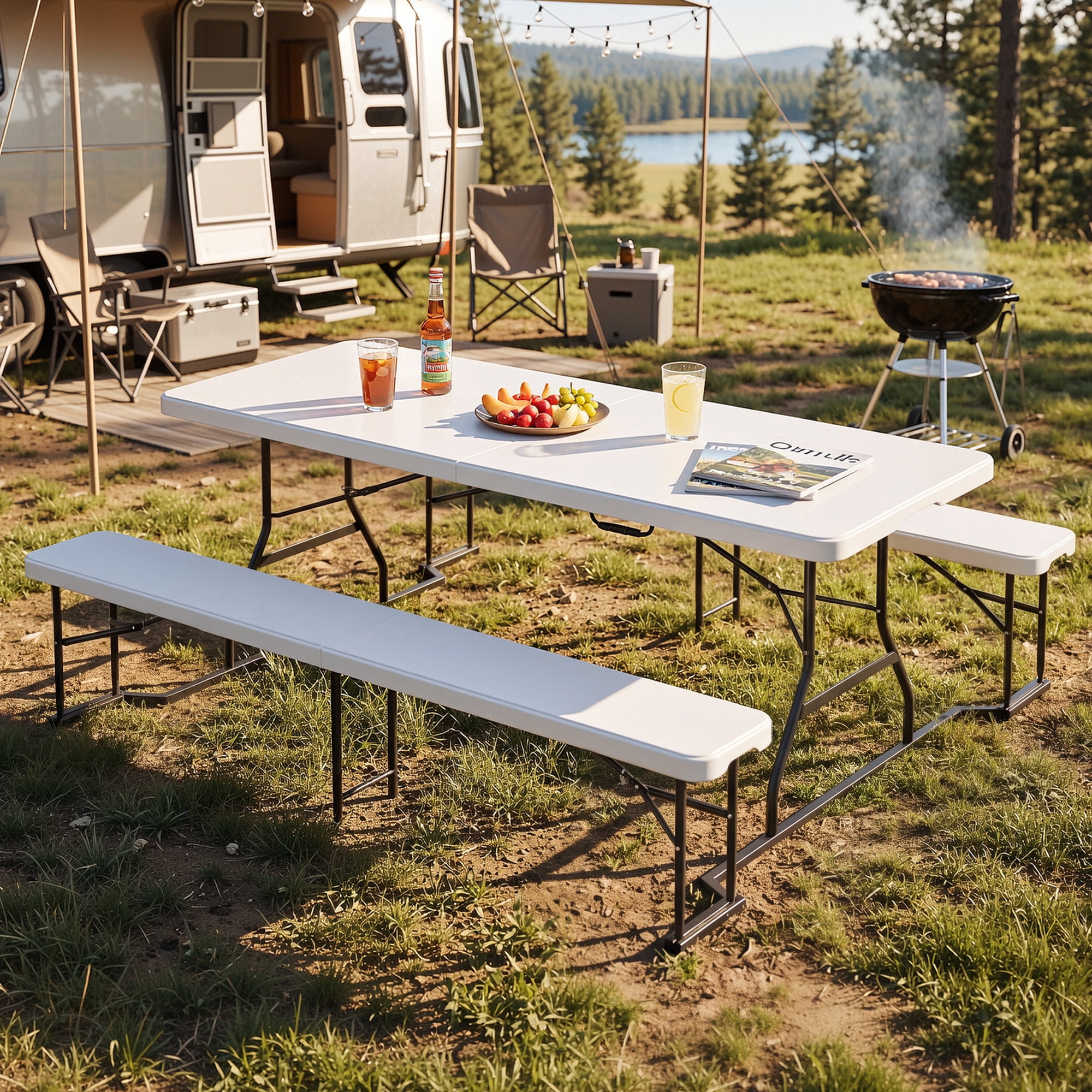 Uforic 6 Ft Folding Picnic Table with Attached Benches, Portable Heavy Duty Outdoor Table with Center Lock & Non-Slip Feet, White