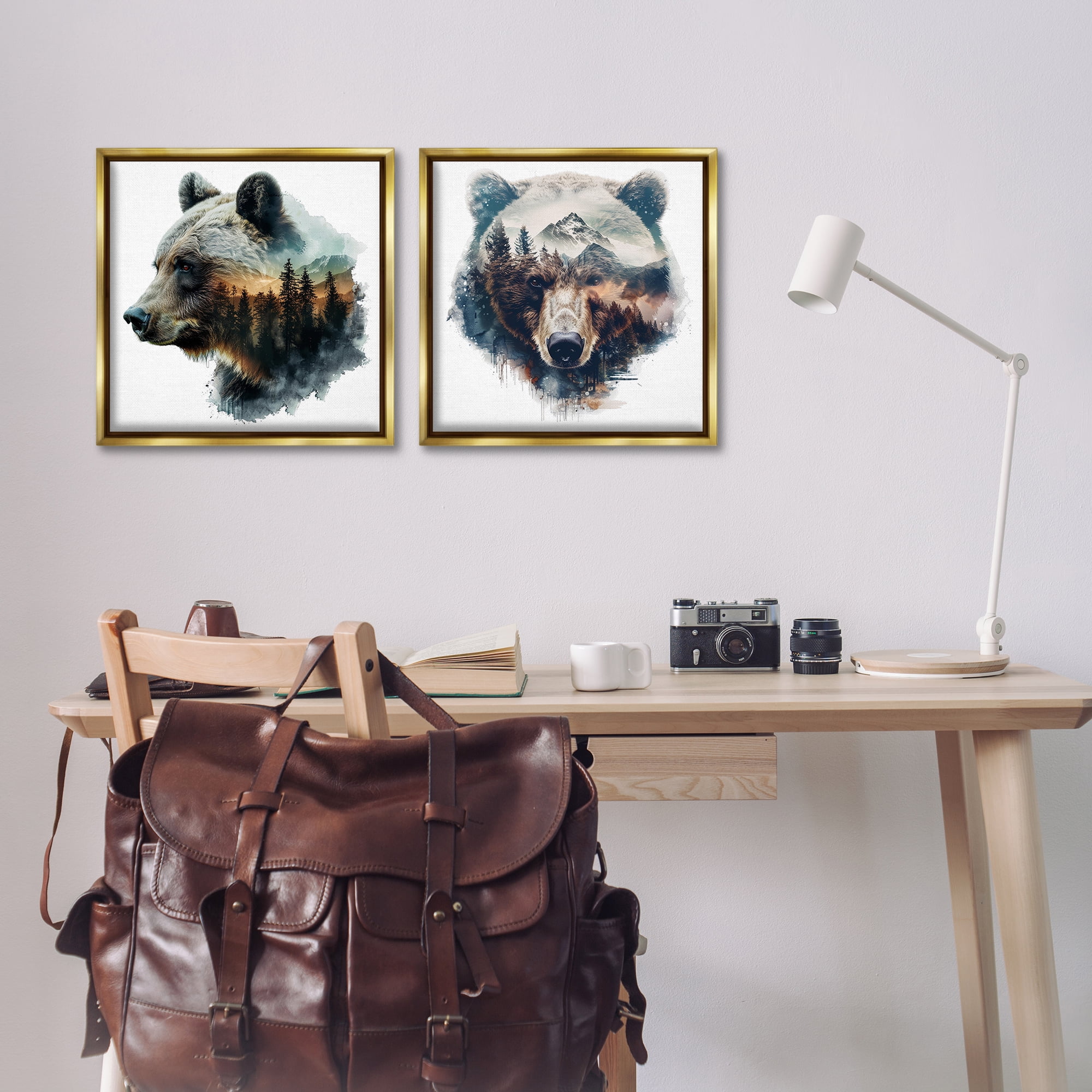 Stupell Industries Woodland Bear Forest Silhouettes Animals Painting Gold Floater Framed Canvas Art Print Wall Art, 18 x 18, Set of 2
