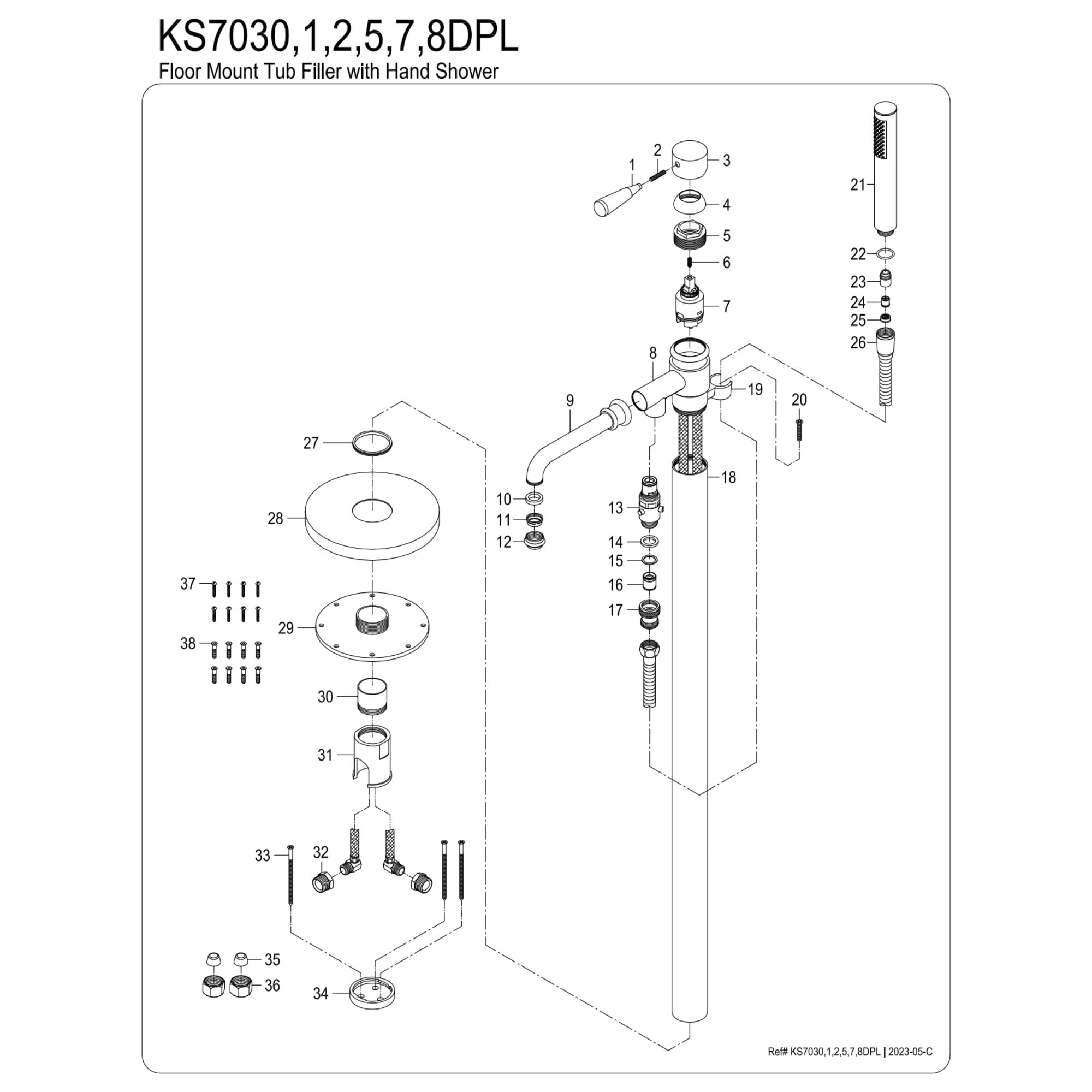 Kingston Brass KS7032DPL Paris Freestanding Tub Faucet with Hand Shower, Polished Brass