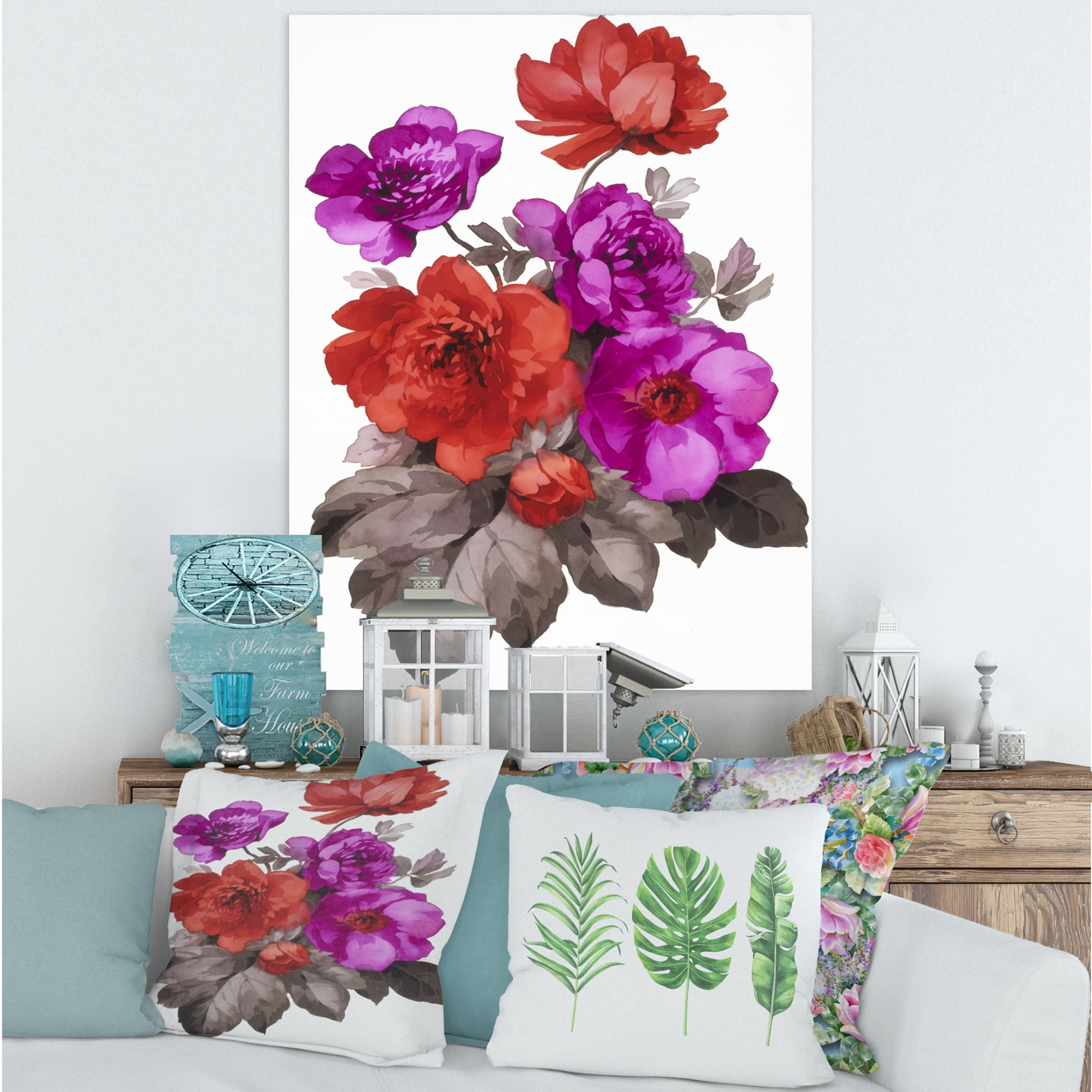 Designart ' Fuchia and Red Flowers ' Traditional Canvas Wall Art Print