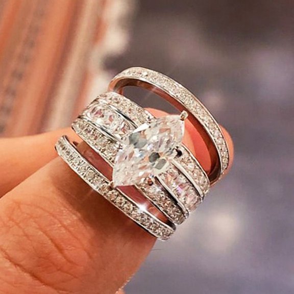 LINXIQIN Women White Cubic Zirconia 14K White Gold Plated Oval Semi Eternity Ring for Valentine's Day 3 Piece Set Size 7 Includes Gift Box