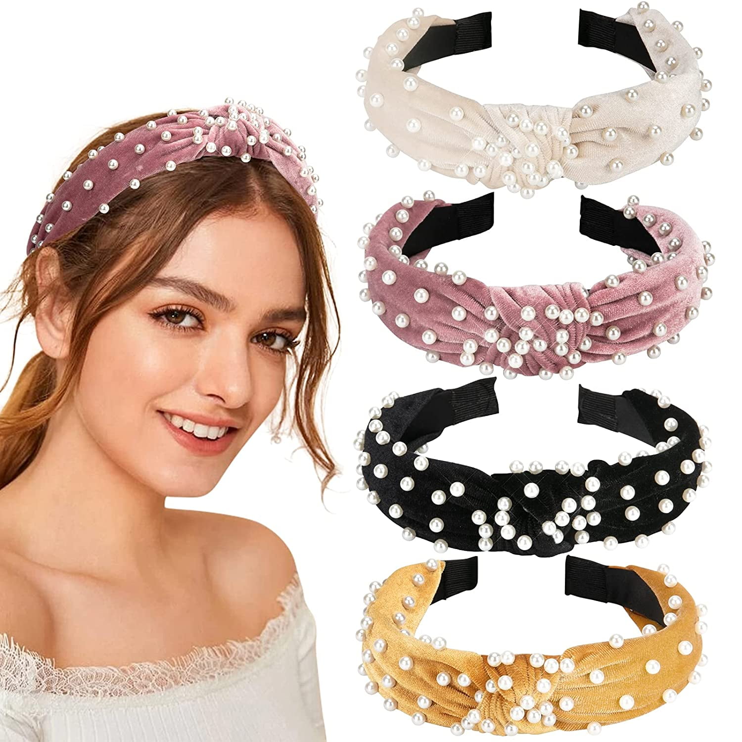 Black Pearls and Rhinestones Decorated Top knotted headband Hair hoop Women Hair Accessory Pearls Headband Wide Thick Headband