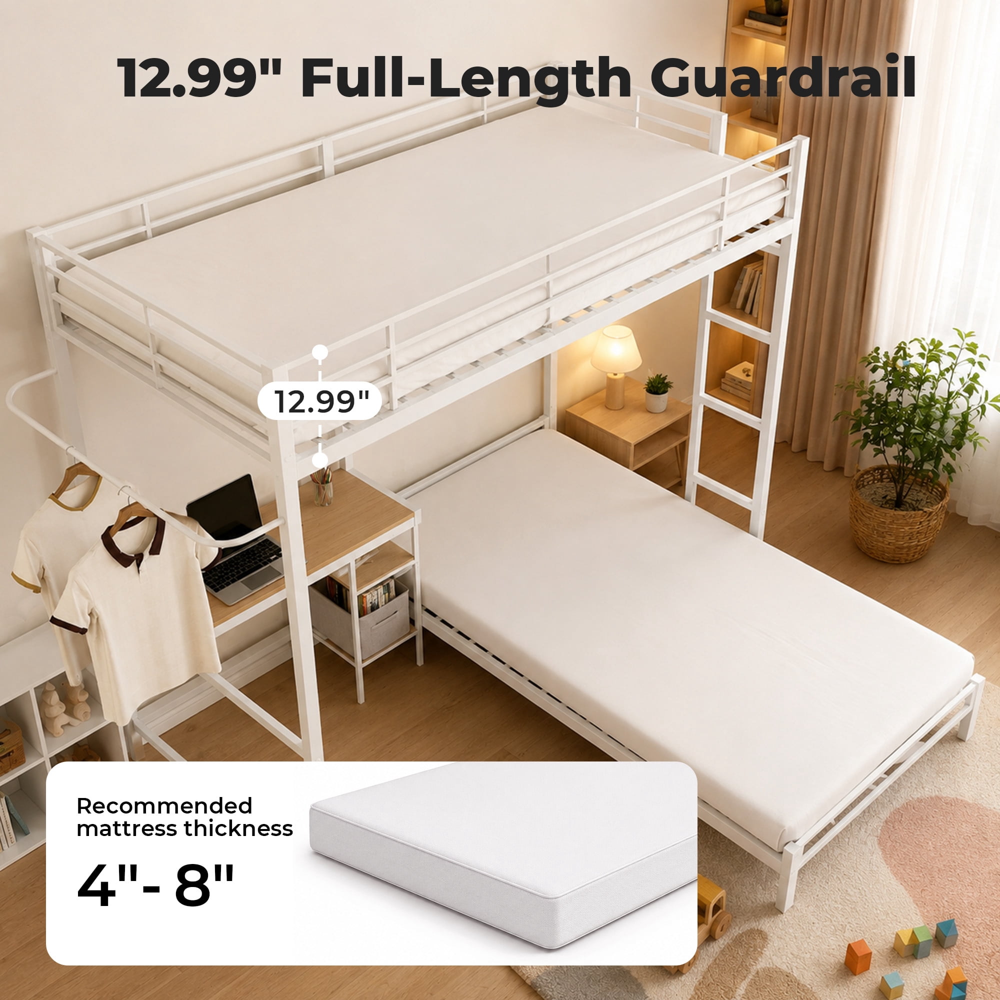 Alvantor Bunk Bed Twin over Twin for Kids, Metal Bunk Bed with Desk White