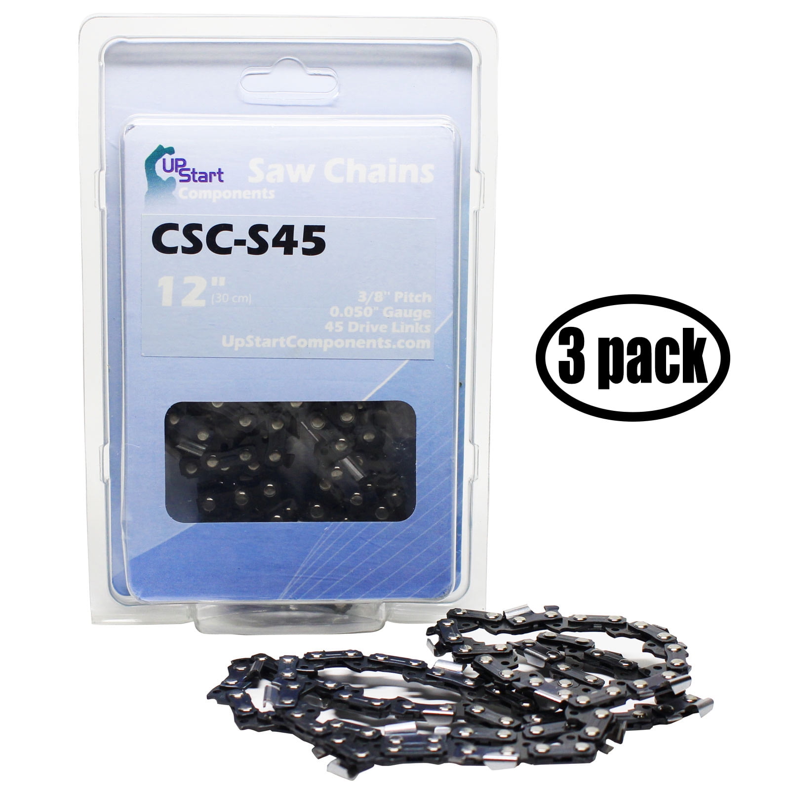 3-Pack 12' Semi Chisel Saw Chain for Tanaka ECS-290 Chainsaws - (12 inch, 3/8' Low Profile Pitch, 0.050' Gauge, 45 Drive Links, CSC-S45) - UpStart Components