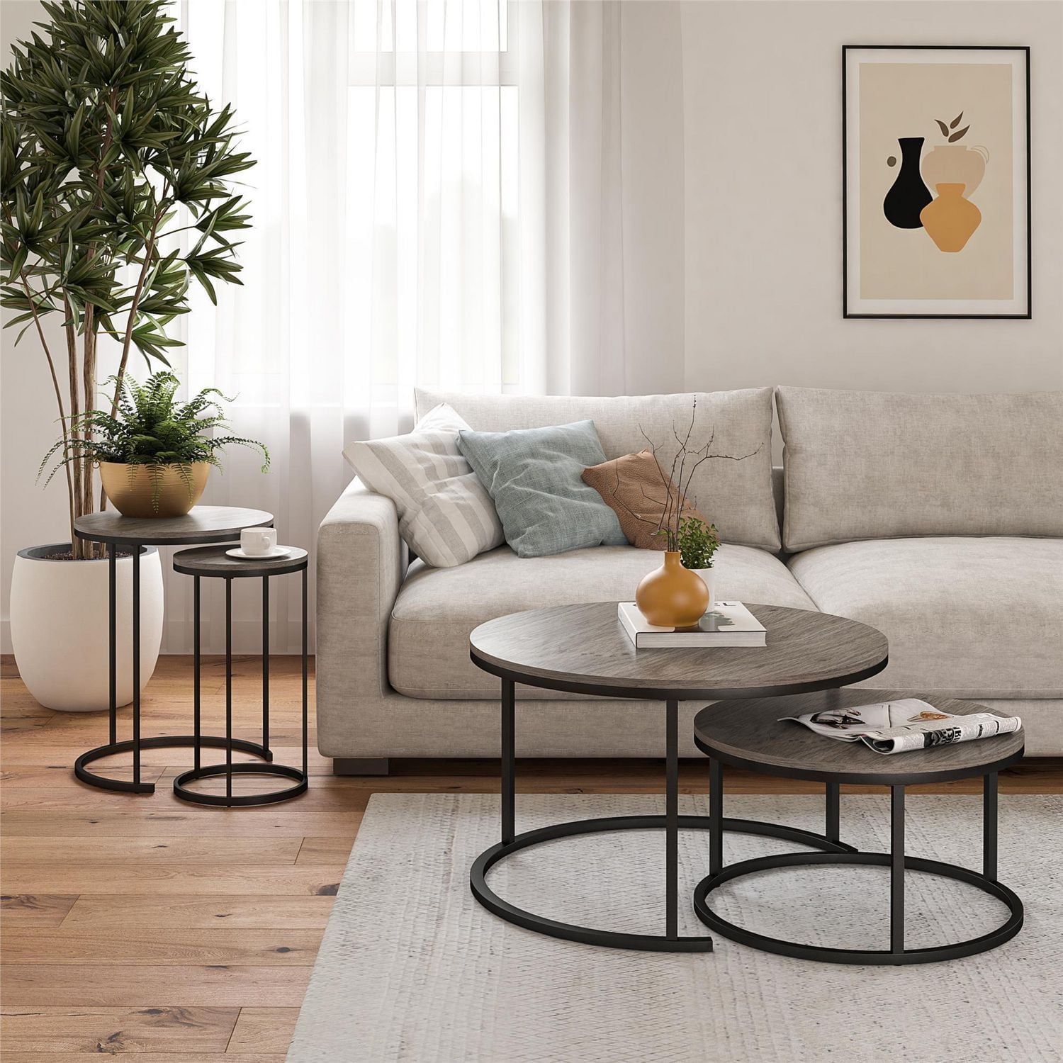 Ameriwood Home Camdale 4-Piece Nesting Coffee and End Table Bundle, Gray Oak w/ Black Meta