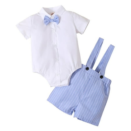 

12 Months Baby Boys Summer 2PCS Outfits 18 Months Toddler Boys Gentleman Outfits Short Sleeve Lapel Romper Top Stripe Overall Shorts Set White