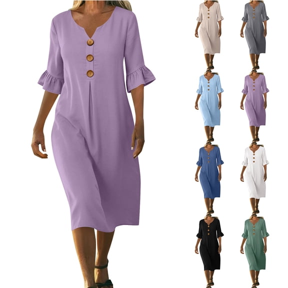Smsaxvxz Women's Summer Dresses Fashion Solid Button V-neck Ruffle Short Sleeve Casual Loose Beach Vacation Midi Dress Purple 2XL