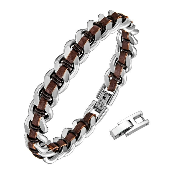Men's Premium Leather and Stainless Steel Time Line Bracelet - Elegant Silver and Brown Wristband - Perfect Bracelet 10mm 22.5cm