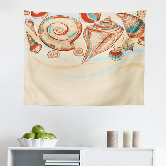 Seashells Tapestry, Summer View Watercolors Coconut Palm Trees and Splashes Hiding Starfishes Print, Fabric Wall Hanging Decor for Bedroom Living Room Dorm, 2 Sizes, Blue White, by Ambesonne