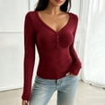 thumbnail image 2 of Fengqque Women’s Henley V Neck Long Sleeve Casual Top, Ruched Front Button Detail Slim Fitted long sleeve tee , Soft Stretchy Basic Top for Fall Winter Wine, 2 of 9