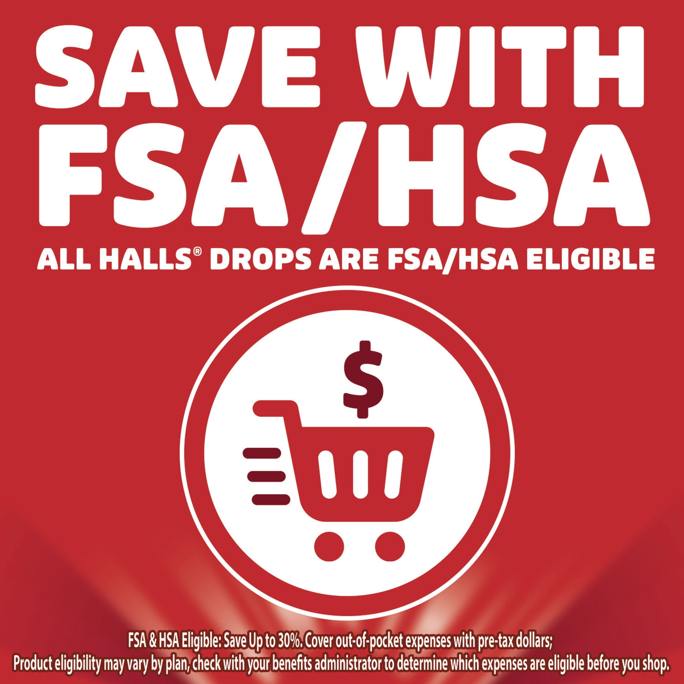 HALLS Cough and Throat Relief Cherry Cough Drops, No Synthetic Dyes, FSA/HSA Eligible, 30 Drops
