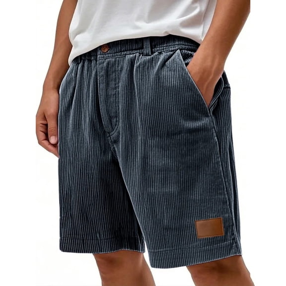 Havenx Men's Casual Corduroy Shorts Elastic Waist Button Short with Pockets Leather Label Stretch Short Pant Summer Beach Breathable Lightweight Clothing,Navy L