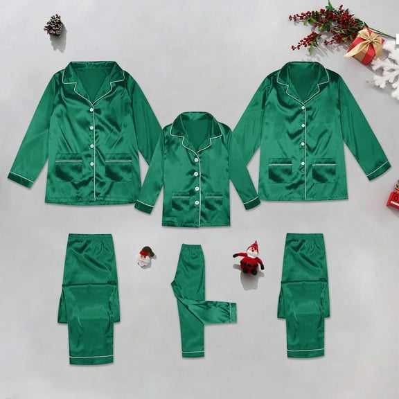 Christmas Pajamas for Family Silk Satin Button Down Sleepwear Long Sleeve 2 Pcs Loungewear for Dad (Green XXL)