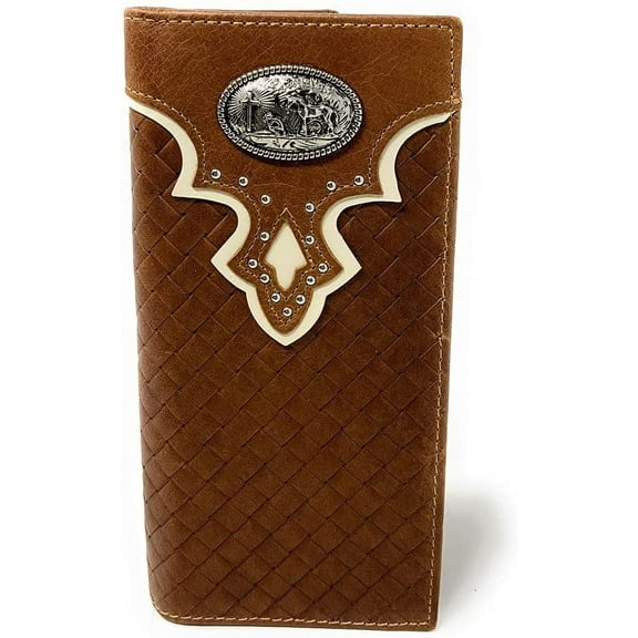 Western Genuine Leather Basketweave Praying Cowboy Metal Concho Mens Long Bifold Wallet in 2 Color