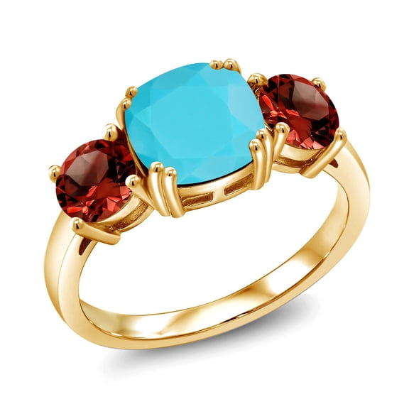 Gem Stone King 18K Yellow Gold Plated Silver Green Turquoise and Red Garnet 3 Stone Engagement Ring for Women (4.00 Cttw, Gemstone, Cushion 8MM, Size 8)