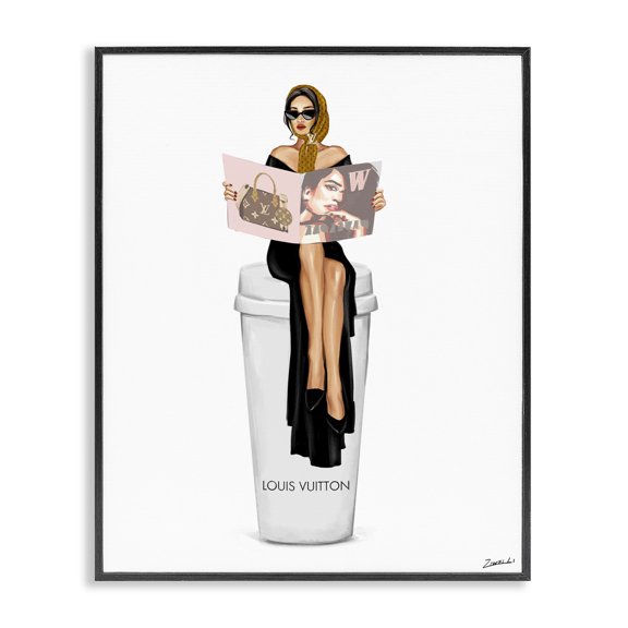 Stupell Industries Glam Girl Reading on Coffee Black Framed Giclee Art, 16 x 20, by Ziwei Li
