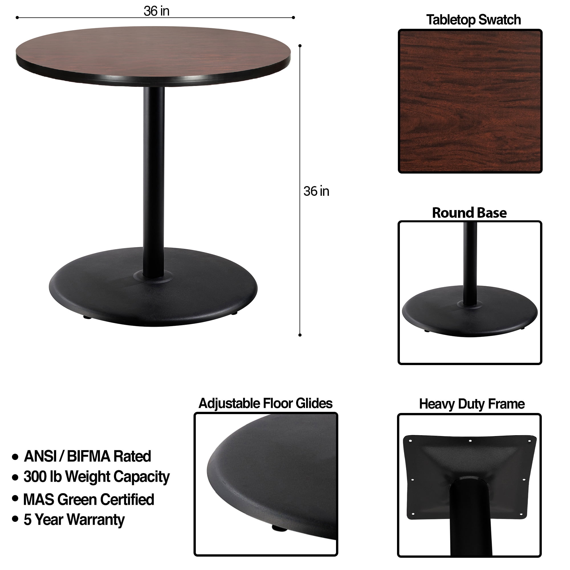 Hampden Furnishings Bennet Collection 36-Inch Round Steel Cafe Table, Black Frame With Mahogany Laminate Top