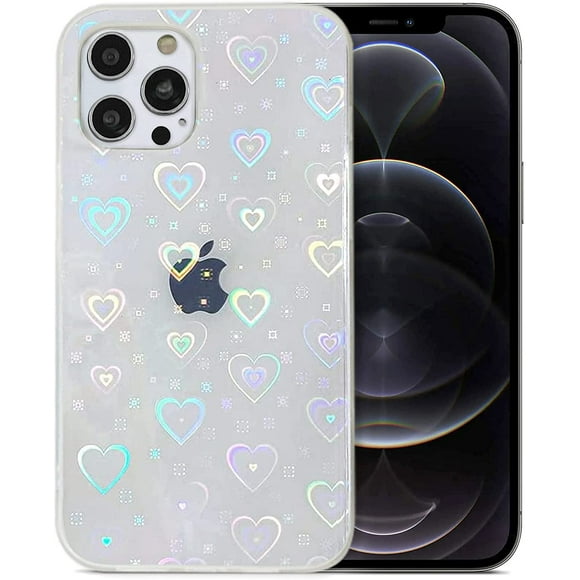 Compatible with iPhone XR Case, Jusy Love Clear Holographic Heart Phone Case for Women Kids, Aesthetic Glitter Cute