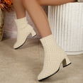 thumbnail image 6 of Plush Ankle Boots for Women Comfortable Knit Sock Fall Booties Fashion Square Toe Chunky Mid Heel Slip On Mid Calf Elastic Dress Booties Beige Size 10, 6 of 8