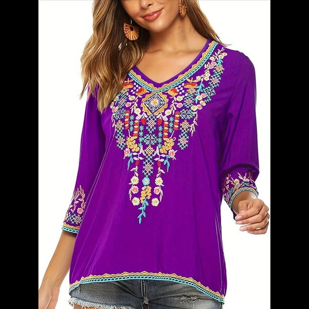 Blusas Mexicanas para Mujer, Camisas Bordadas, Ropa Hippie, Túnicas de Fiesta, Blusas Bohemias Campesinas de Talla Grande. Púrpura XL