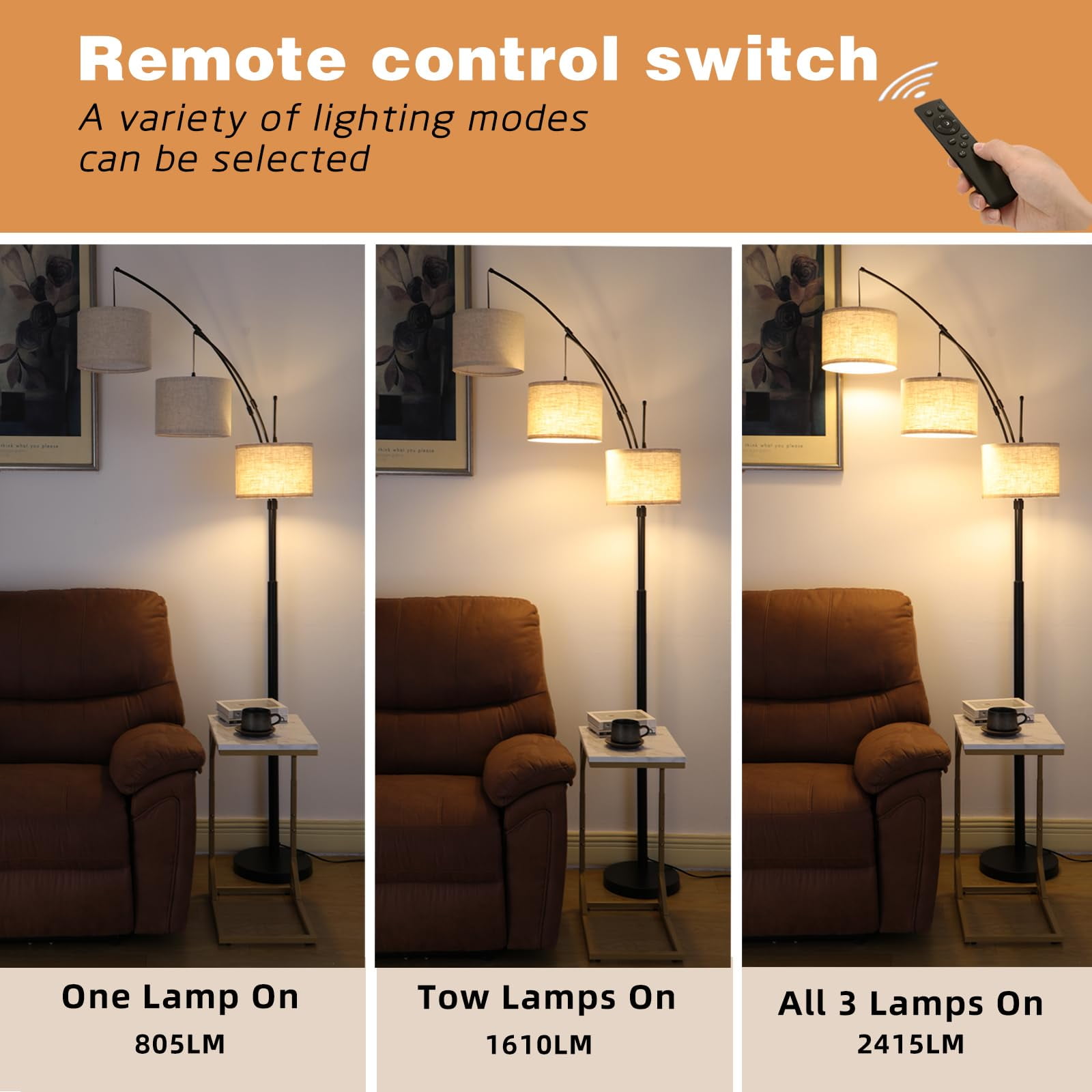 Lambaloom 3-Light Modern Remote Control Black Arched Floor Lamp with Beige/Grey Drum