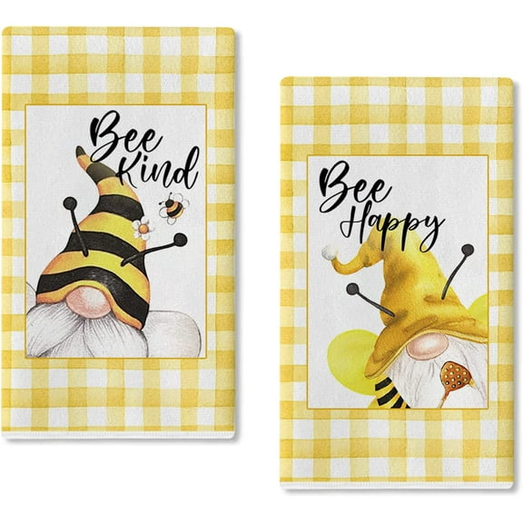 SPXUBZ Kitchen Towel, Yellow and White Plaid Dwarf Bee Bee Happy Bee Kind Towel, Suitable for Home Kitchen Festival Decoration Housewarming Gift Towel Set of 2