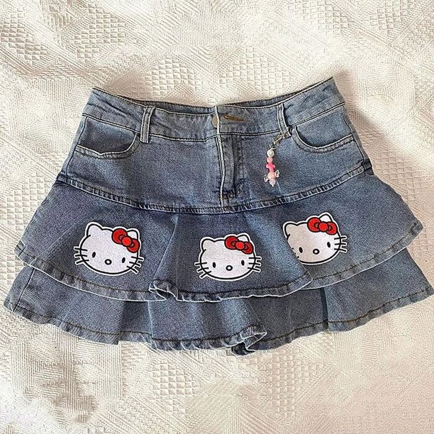 Sanrio-Falda plisada de Hello Kitty, diseño de moda de Anime japonés, falda de media línea Kawaii Y2K, vestido vaquero de cintura alta para chica dulce