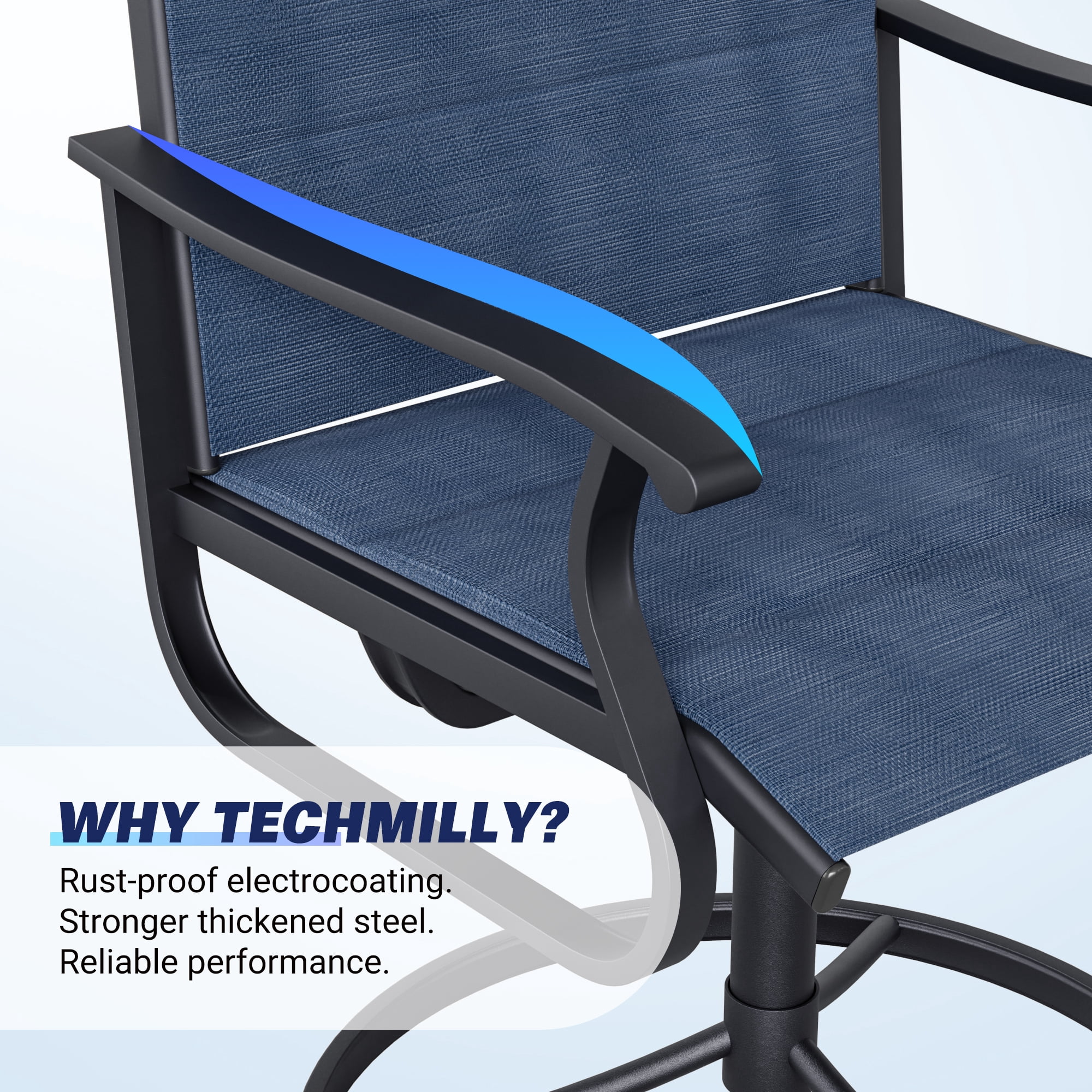 Techmilly Patio Swivel Chairs Set of 2, Outdoor Dining Chairs High Back Padded All Weather Breathable Textilene Outdoor Swivel Chairs with Metal Rocking Frame for Lawn Garden Backyard Deck, Navy Blue