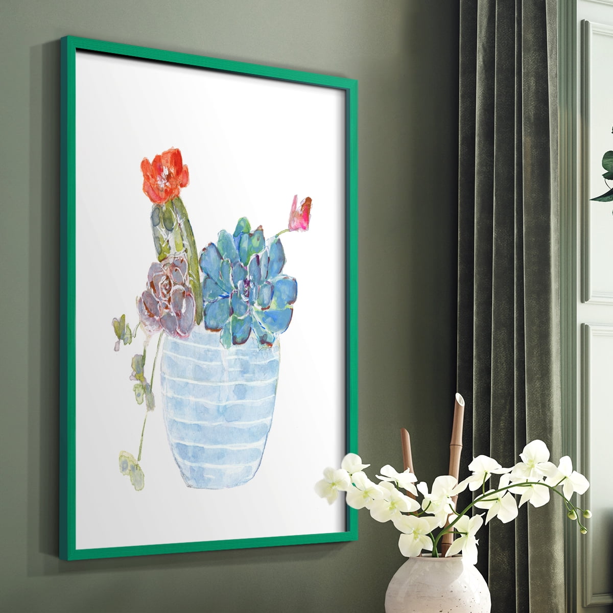 Cactus and Succulent Blooms I Framed Print in Green Solid Wood Framed Print No Nail Hanging