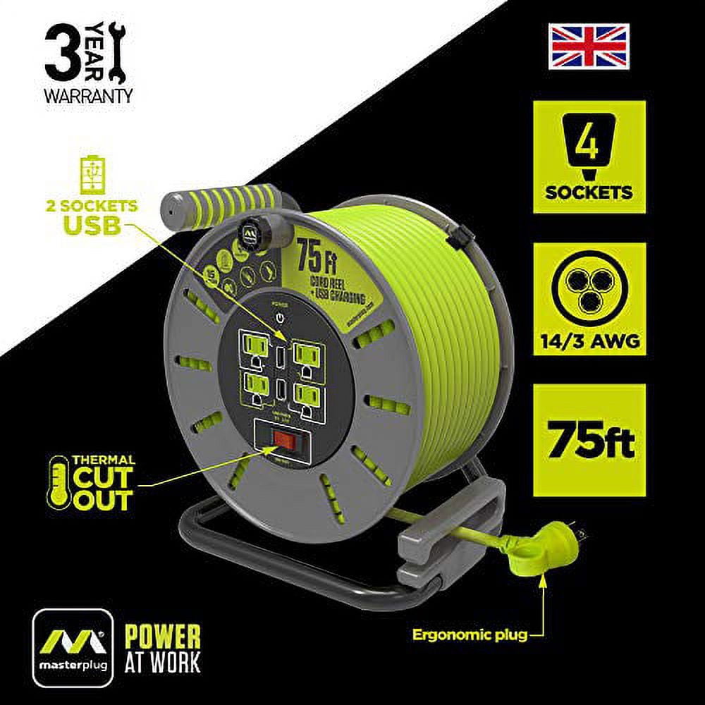 Masterplug 75ft 13amp Extension Cord Reel with USB