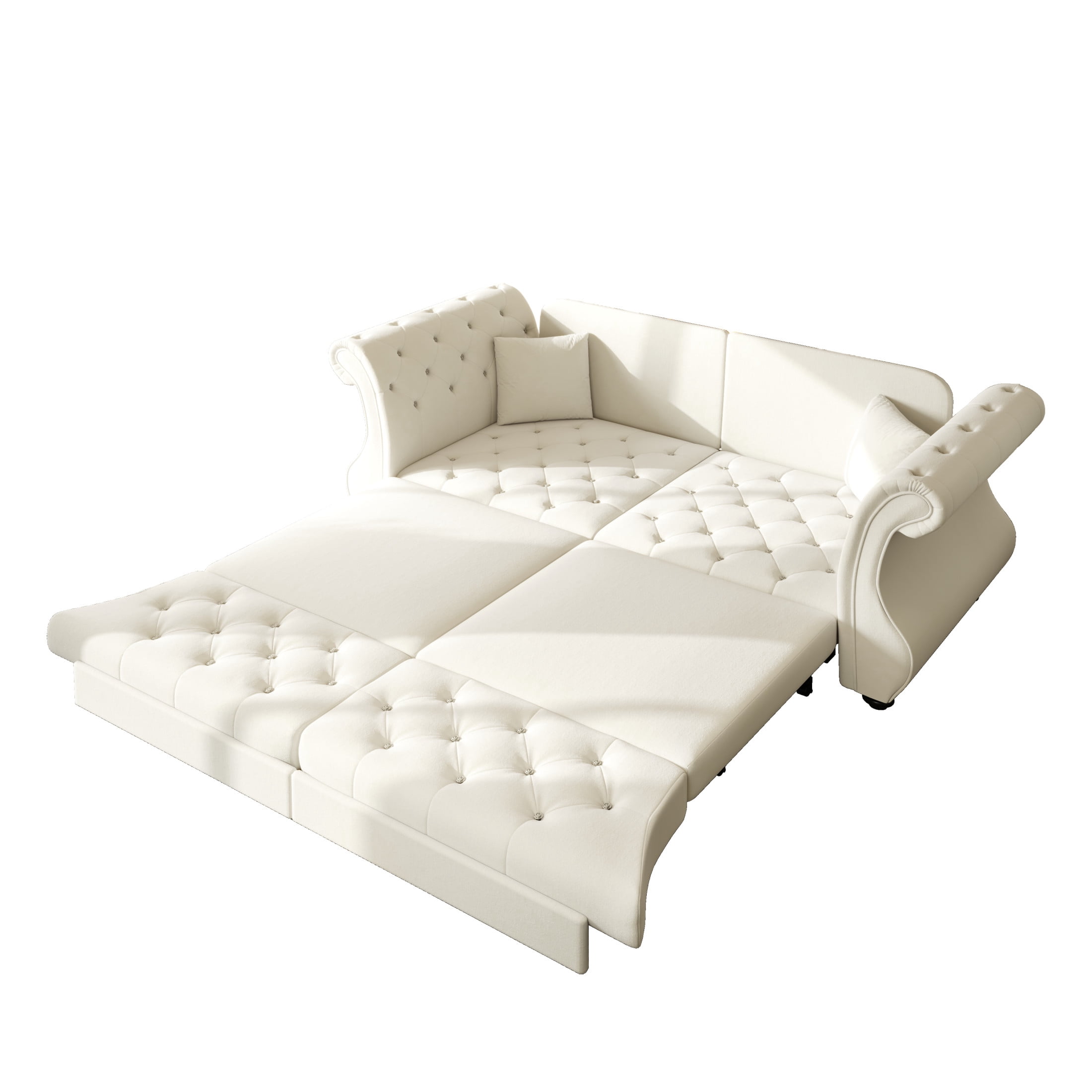 Noble House Wesley Oversized Velvet Chesterfield Pull Out Sofa Bed, Flower Tufted Roll Arm Sleeper Couch, Beige White