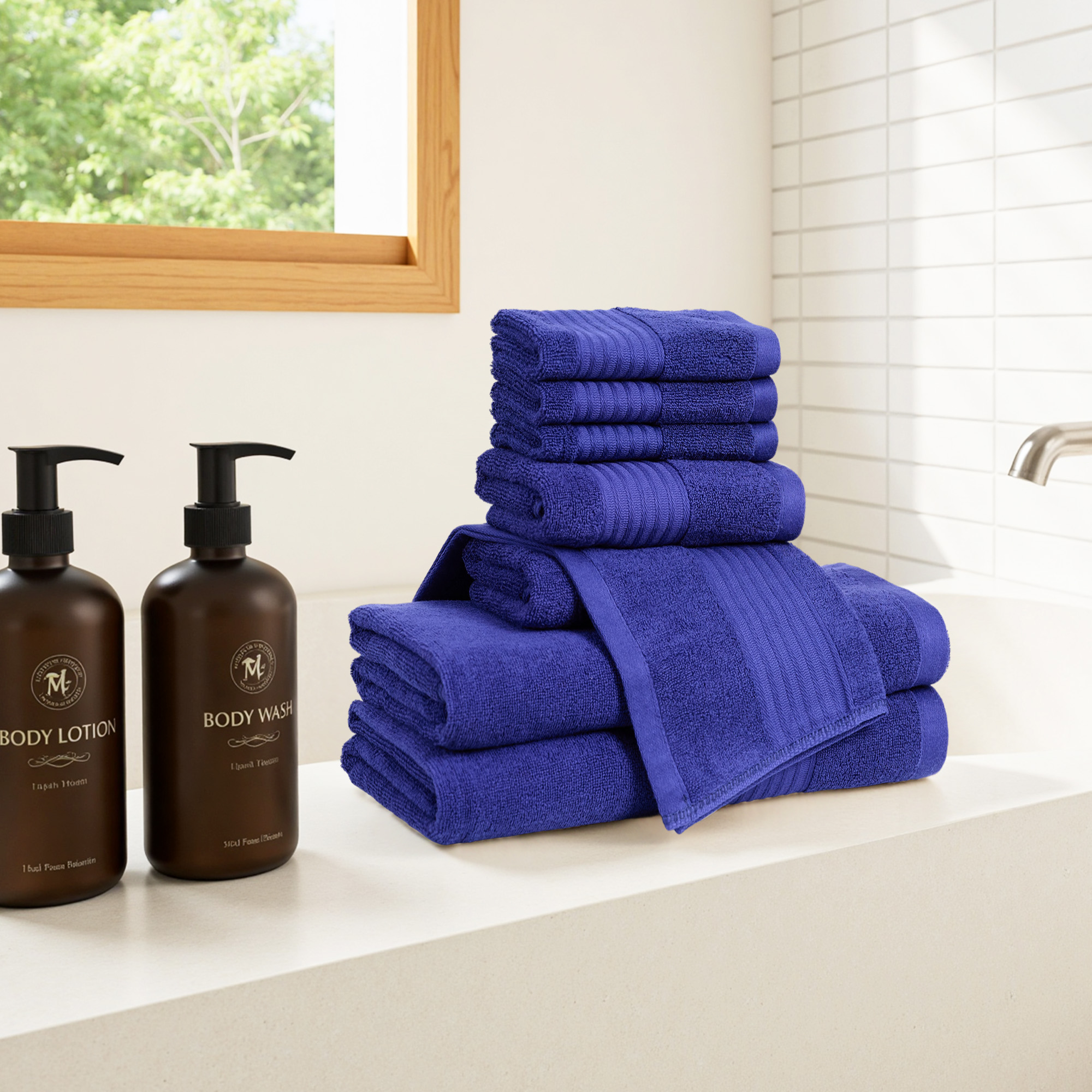 8 Piece Cotton Bath Towel Set, 2 Oversized Bath Towel, 2 Hand Towels & 4 Wash cloths Ideal for Spa, Hotel & Family Bathrooms, Navy Blue