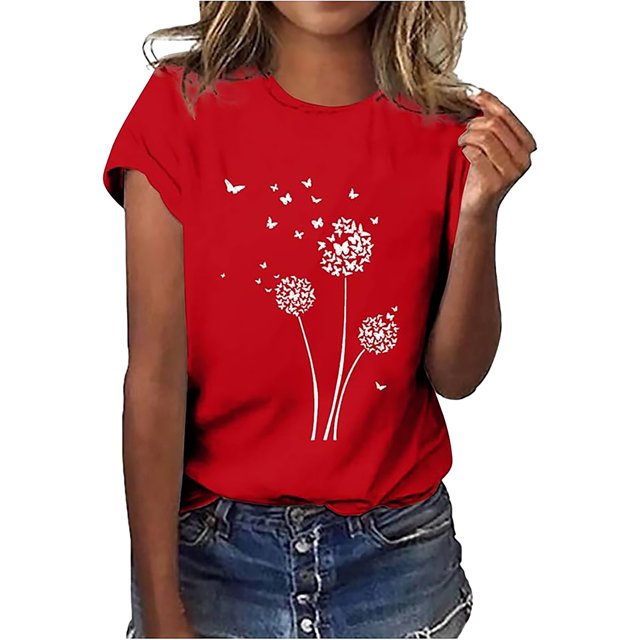 Hauts d'Été pour Femmes, Blouses Décontractées Élégantes 2024, T-Shirts à Manches Courtes Imprimés, Col Rond, Ample, Rouge