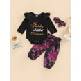 thumbnail image 2 of 3Pcs Baby Girl Fall Outfits, Long Sleeve Ruffle Romper + Floral Pants + Headband Set, 2 of 9