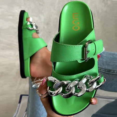 

Binmer Summer Metal Chain Casual Outer Wear Slippers Flat Beach Ladies Slippers