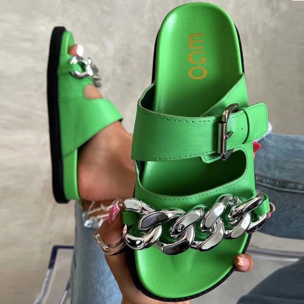 Zapatillas de verano con cadena de metal para exteriores, zapatillas de playa planas para mujer Wmkox8yii hj789