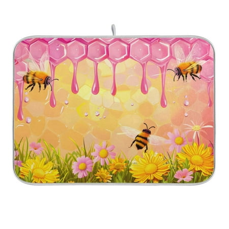 

Dish Drying Mat Kitchen Counter Cartoon Bees and Flowers Dishes Drainer Pad Absorbent Microfiber Reversible 16 x18