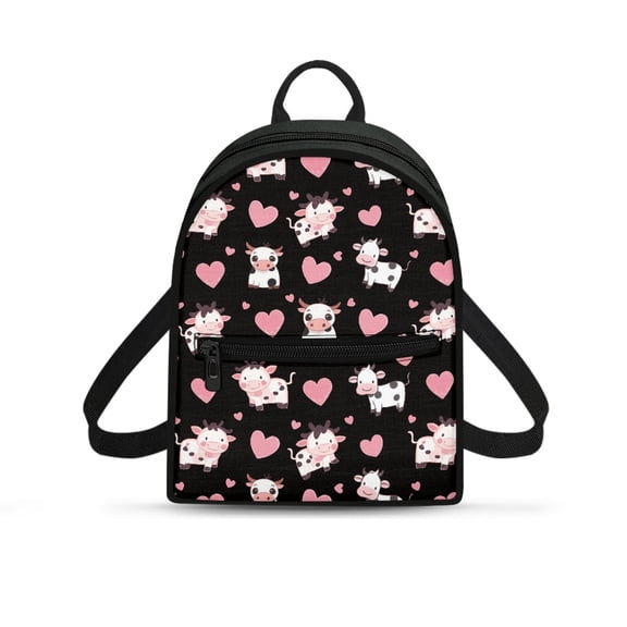 Eheartsgir Cow Pink Heart Print Zipper Closure Casual Daypack, Lots of Pockets Mini Travel Backpacks with Lightweight for Vacation Work