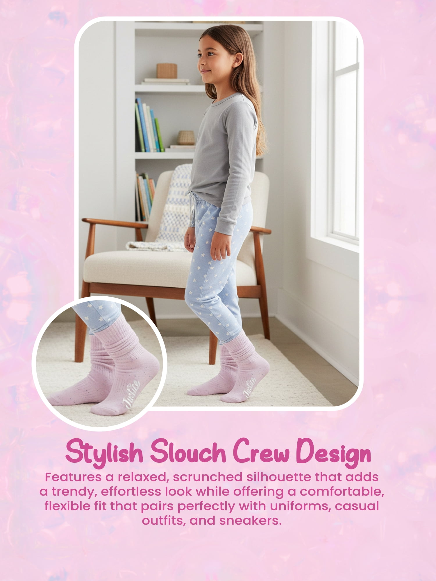 Justice Slouch Boot Socks for Girls, Warm Cozy Socks for Daily Wear, 4 pk Pink