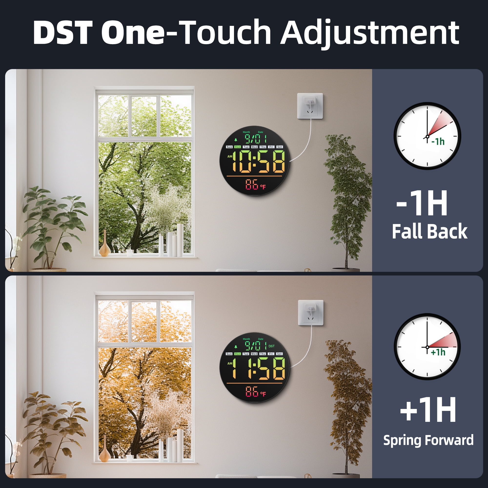 LEIKE 8" LED Large Digital Wall Clock Large Numbers, Plug-in Digital Alarm Clock with Remote for Bedroom, Auto DST, Temperature & Humidity