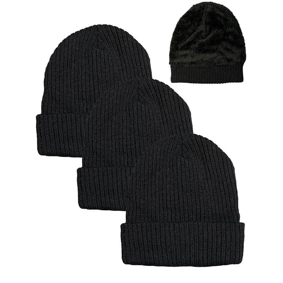 3-Pack Unisex Black Sherpa Fleece-Lined Ribbed Beanie Hat
