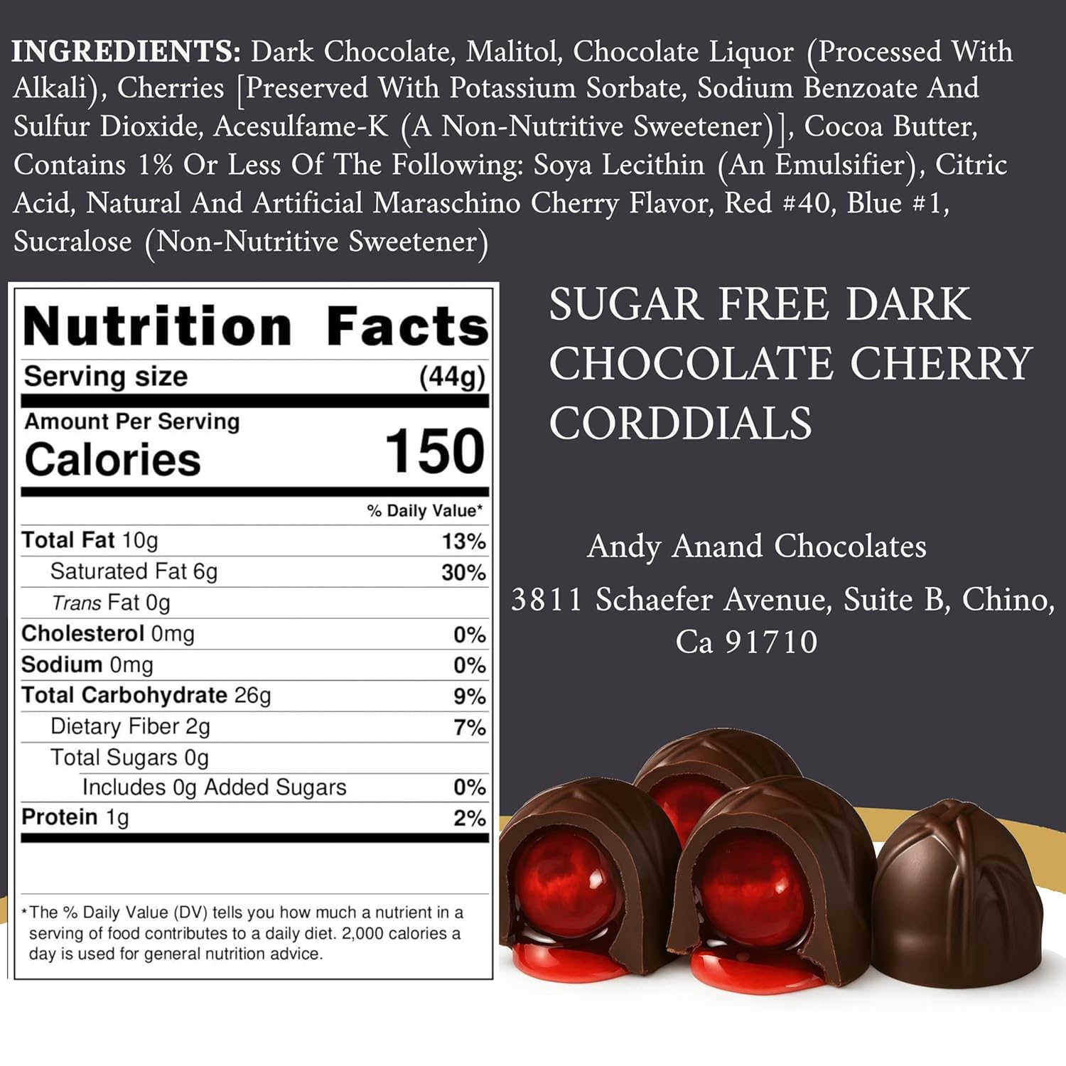 Andy Anand (48 Pcs) Sugar Free Dark Chocolate Cherry Cordials, Decadent, , Shipped 2nd Day Air