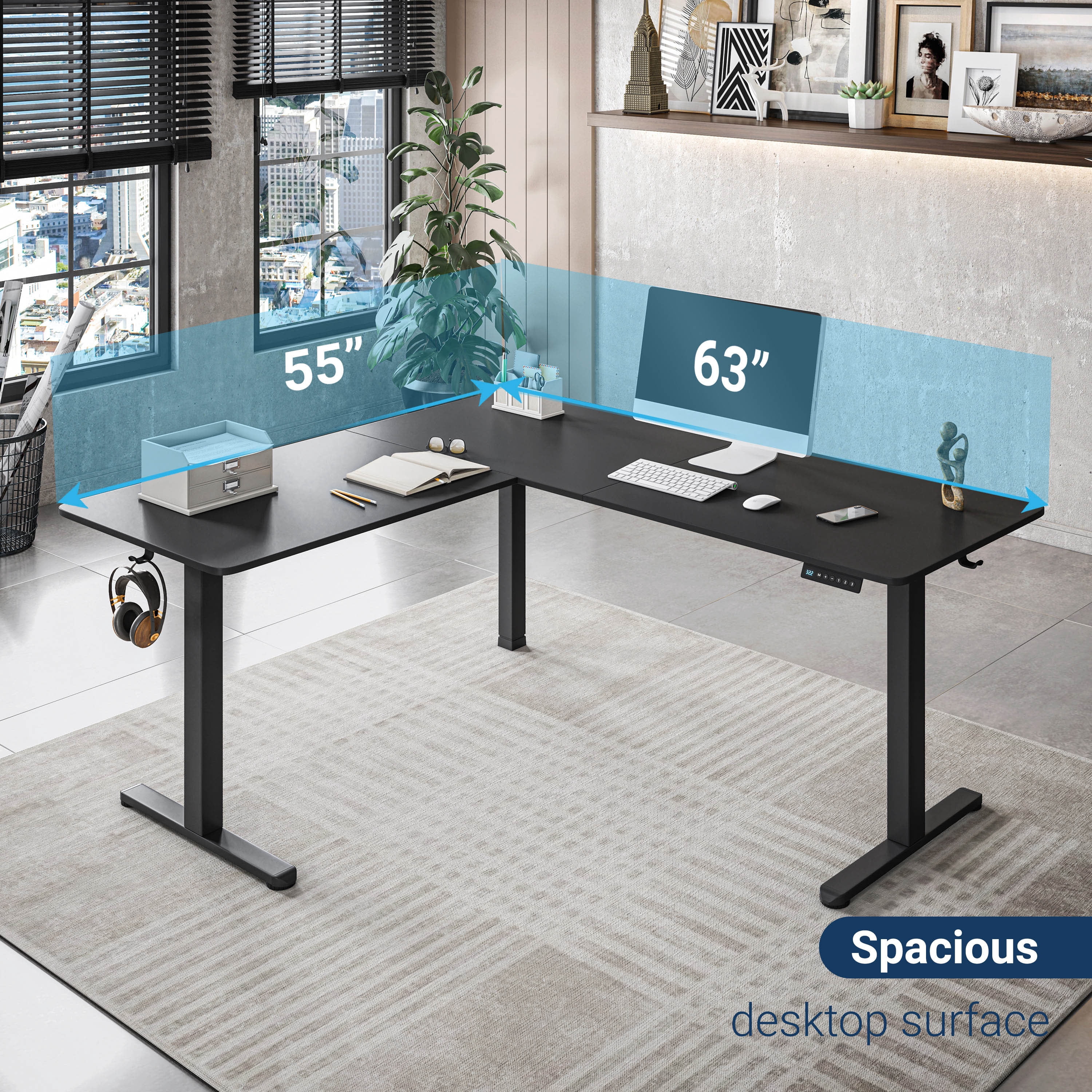 63" W L-Shaped Electric Standing Desk with Spacious Desktop, 3 Memory Height Presets and 2 Accessory Hooks, Black