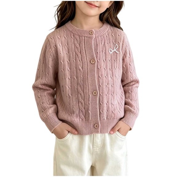 Cable Knit Cardigan for Girls Ghalytn Cotton Button Front Sweater - Bow Embroidery Lightweight Top, Back to School