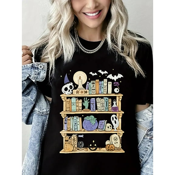 Ghost Bookshelf Print Halloween Spooky Season Short Sleeve Shirt for Women
