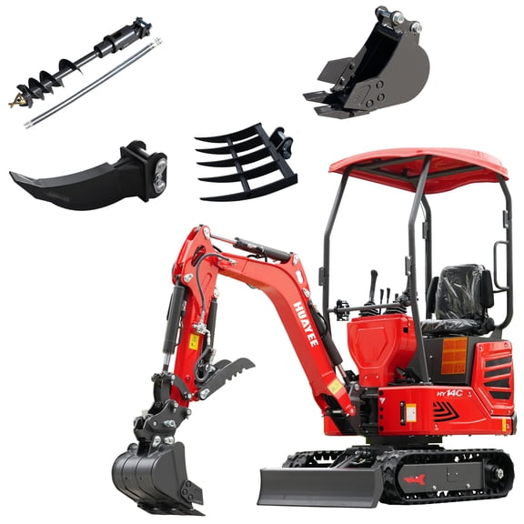HUAYEE 1.4 Ton Mini Excavator with 8in Digging Bucket, Auger, Ripper, Landscape Rake, HY14C Small Digger with 13.5 HP Engine, Side Swing, Hydraulic Thumb, In-stock in the US