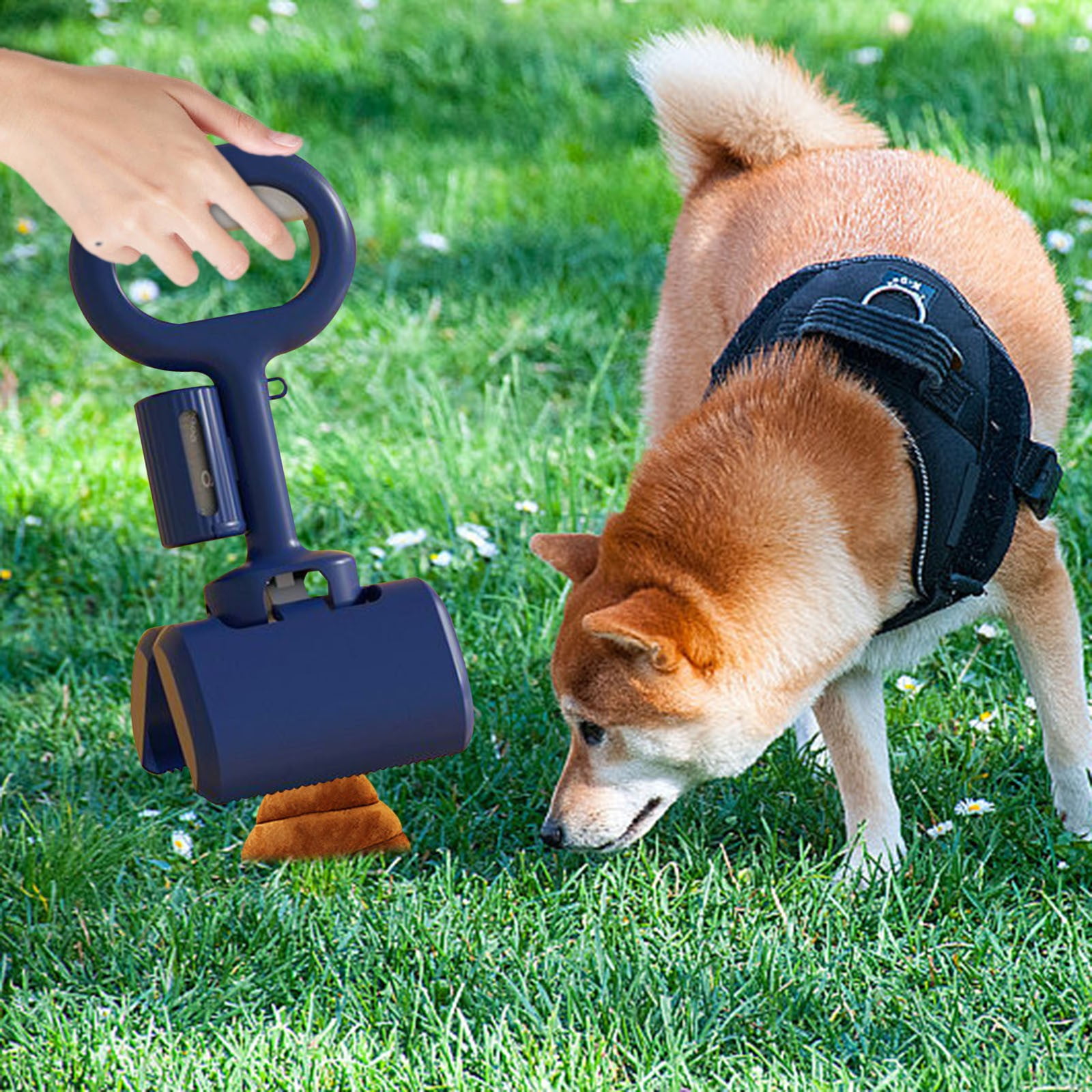 Dog Poop Bag Dispenser with Foldable Shovel Clip and 12 Count Odor-Control Bags, 10 in Handle, Portable Waste Collection System