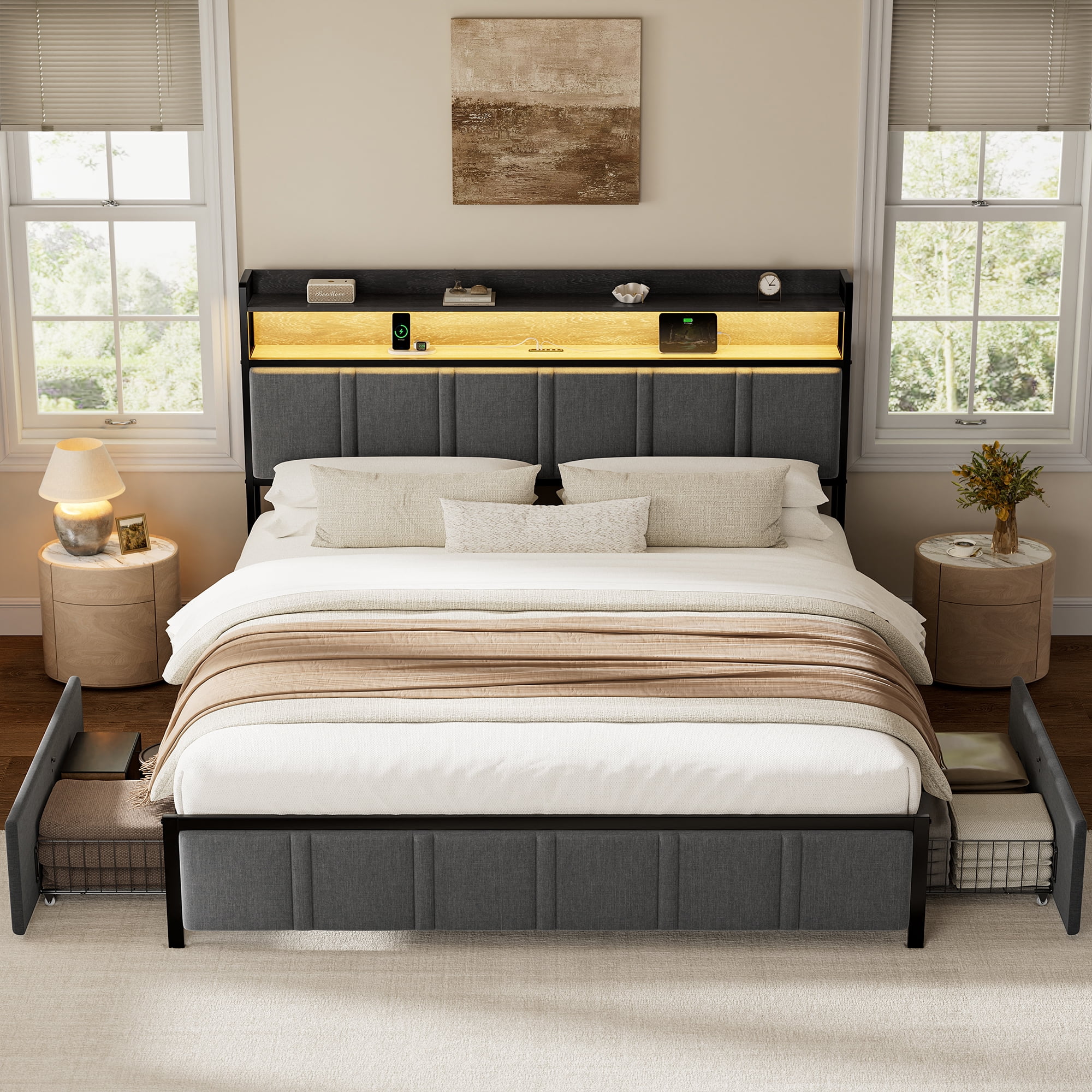 GUNAITO King Bed Frame with Storage Headboard, 2 Drawers Platform Upholstered LED Bed Frame with USB Ports & Outlets Gray