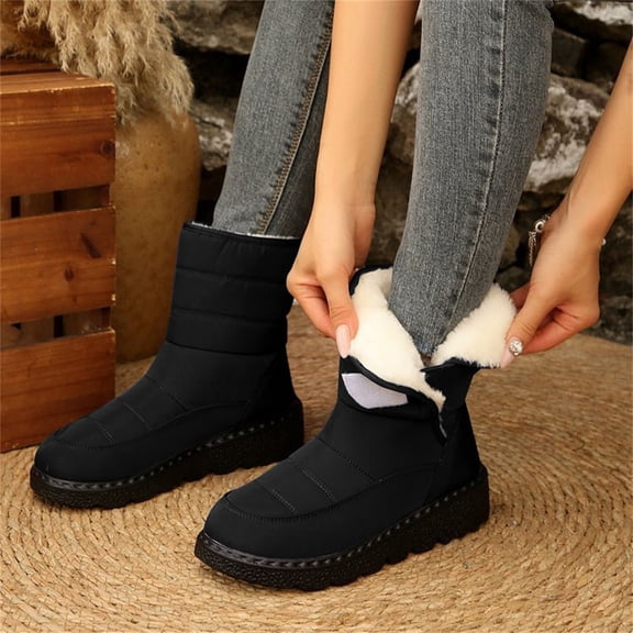 AUDeals Women Thermal Fleece Snow Boots, Waterproof Mid Calf Boots, Plush Lining Slip On Winter Shoes (Black, 9.5)