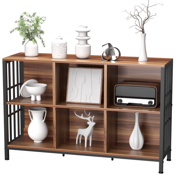 HOHYN Farmhouse 3 Tier Open Book Shelf, Wood and Metal 6 Cube Storage Organizer, Modern Low Horizontal Bookshelf for Bedroom Family, Long Wide Office Cubby Bookcase with Storage, Rustic Brown